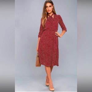 LULUS Burgundy Polka Dot Long Sleeve Midi Dress